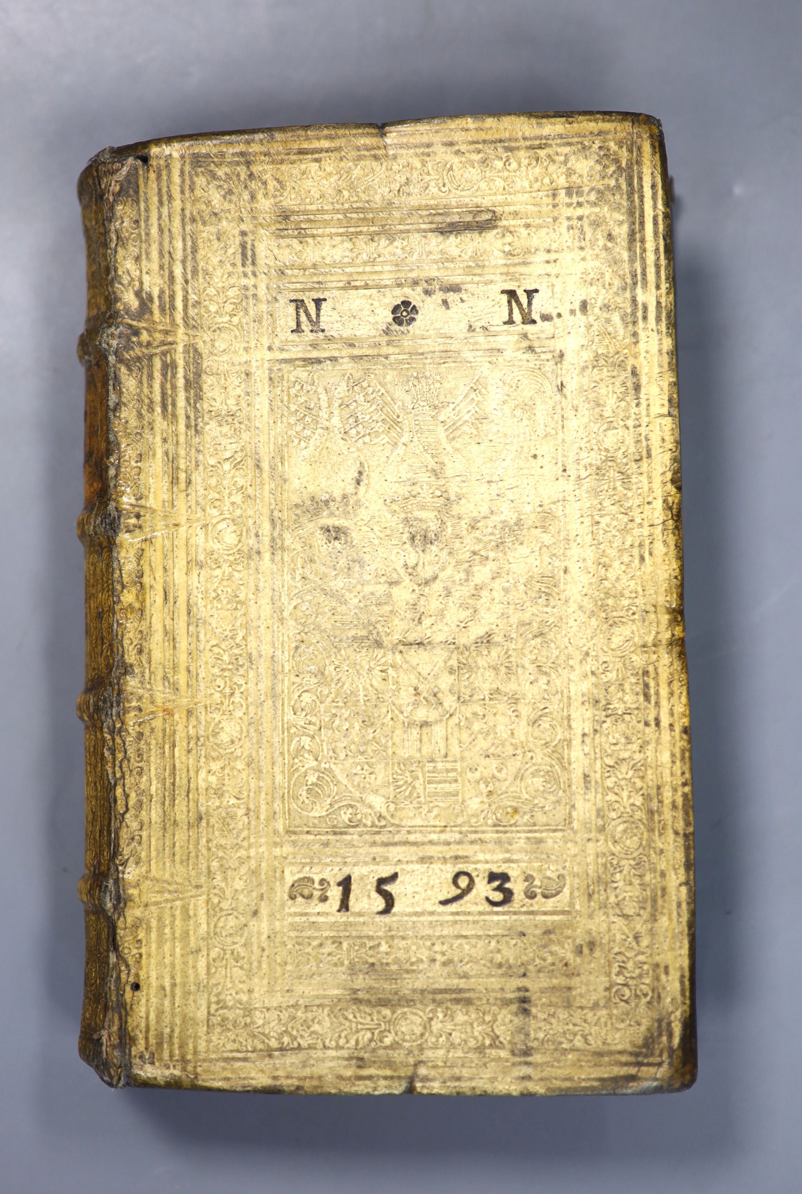 Pezelius, Christophorus - Argumentorum Philippicorum.....pars ultima, 8vo, vellum, blind-stamped with a coat of arms to covers, monogrammed and dated 1593, the red stain edges gauffered gilt and blind with a fleur de lys